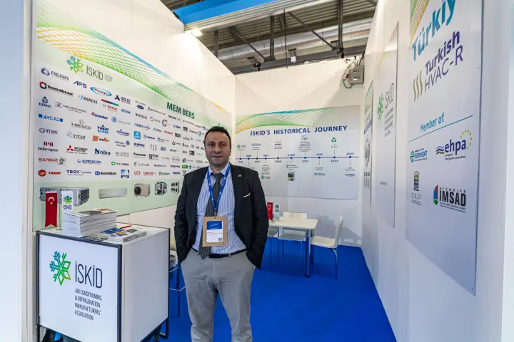 İSKİD association stand with members' logo wall and historical timeline at MCE 2024