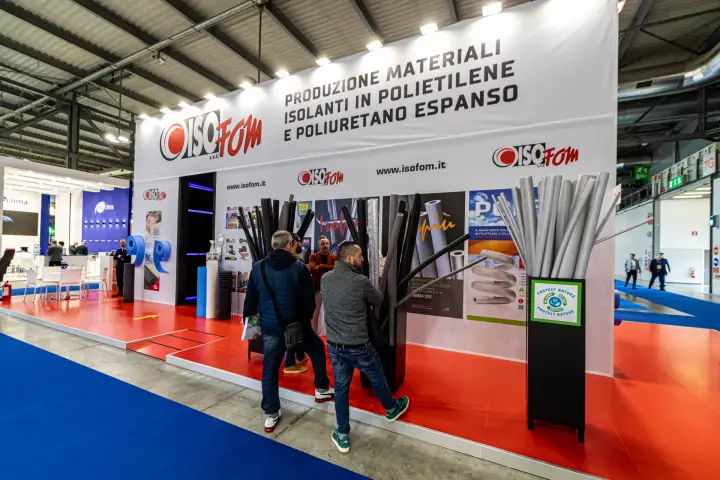Isofom stand with pipe insulation tubes arranged in tall planters at MCE 2024