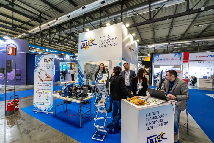 ITEC certification stand with F-gas banner and refrigeration training rig at MCE 2024