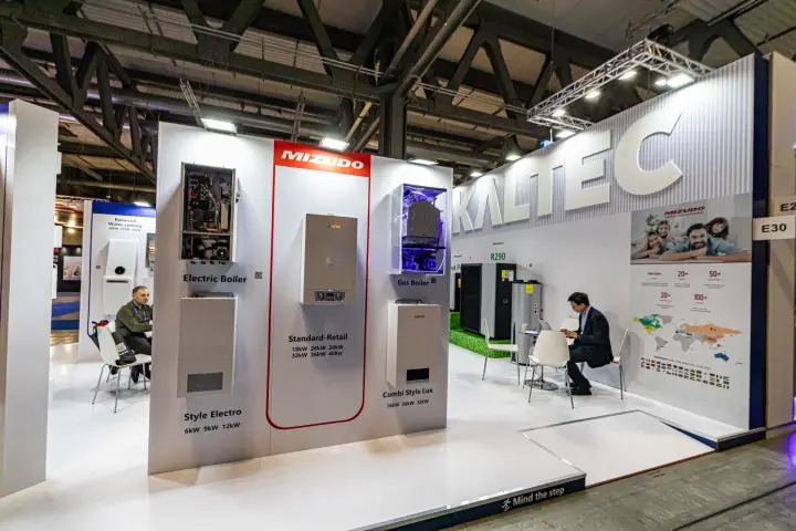 Kaltec stand with Mizudo electric and gas boilers, two with covers off