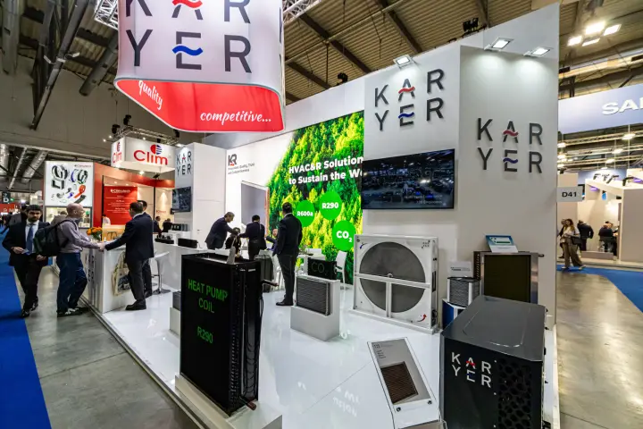 Karyer stand with R290 heat pump coil, rotary wheel and coil samples at MCE 2024