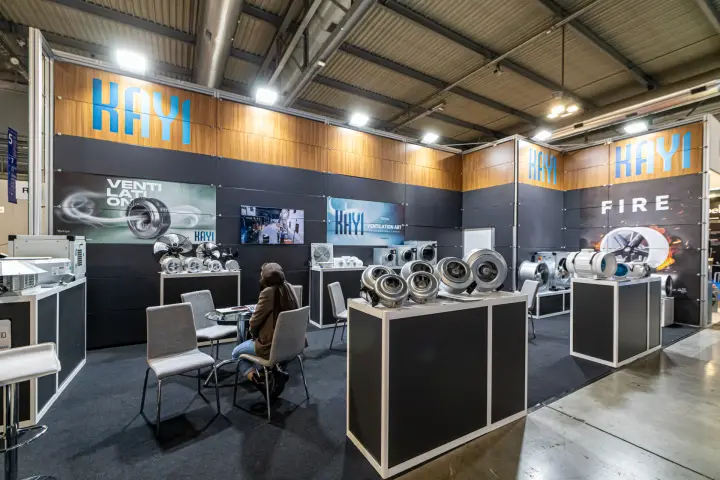 Kayi stand with inline duct fans and 'Fire' display wall