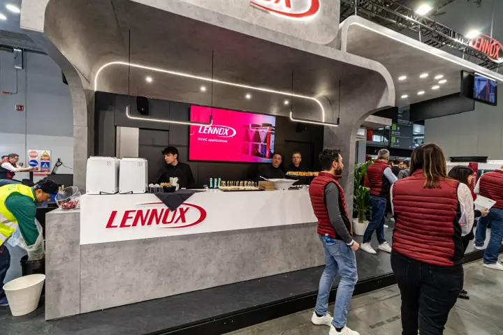 Lennox catering counter under a concrete-effect canopy with HVAC screen at MCE 2024