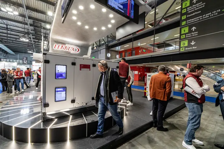 Lennox Evio air handling unit with lit inspection windows on a platform at MCE 2024