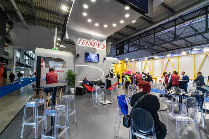 Lennox stand café area under an illuminated logo and curved canopy