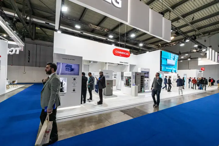 LG Commercial area seen from the aisle with Inverter Scroll Chiller panel at MCE 2024