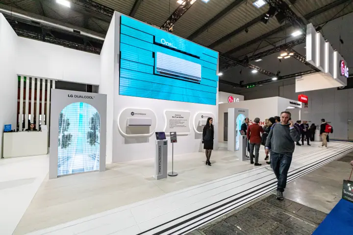 LG Dualcool area with LED video wall and AR experience stations at MCE 2024