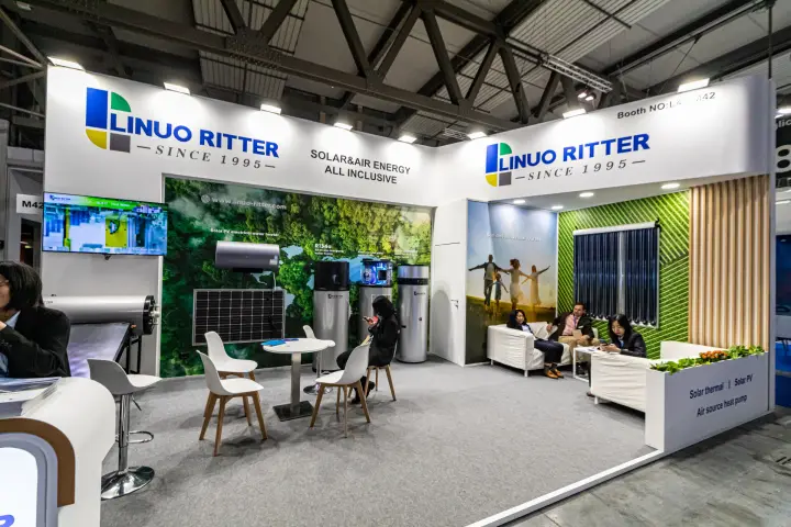 Linuo Ritter stand with solar collectors, heat pump water heaters and sofas