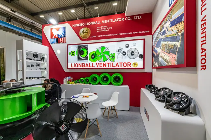 Lionball display shelves, green plug fan and black guarded axial fan at MCE 2024