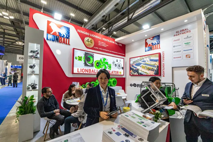 Lionball stand with brochure counter and 'Global Partners' logo wall at MCE 2024