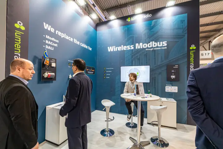 LumenRadio stand promoting Wireless Modbus with a W-BACnet demo board at MCE 2024