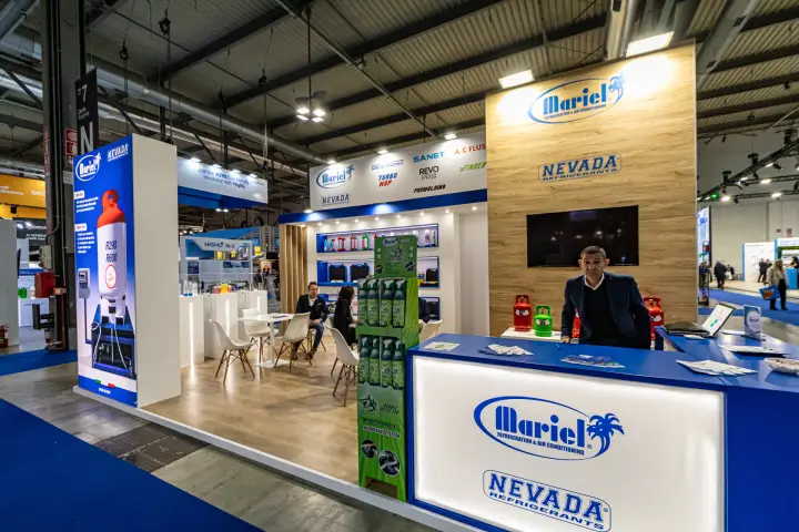 Mariel and Nevada Refrigerants stand with refrigerant cylinders and backlit counter at MCE 2024