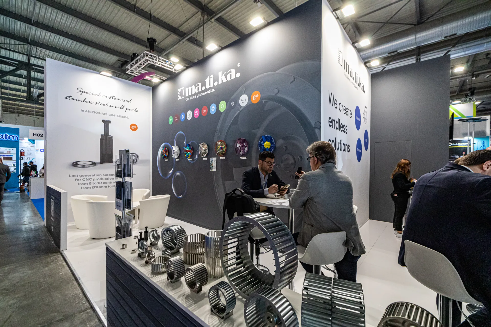 Matika forward-curved blower wheels on a display counter at MCE 2024