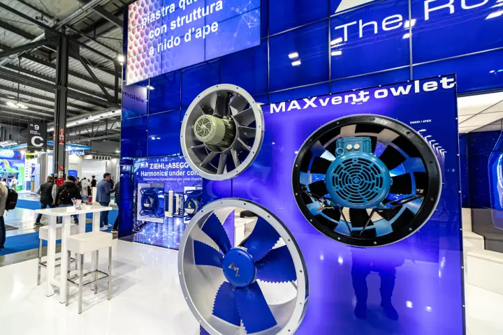 MAXvent owlet axial fans with exposed motors on the Ziehl-Abegg stand at MCE 2024