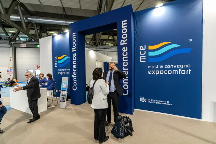 MCE conference room entrance with Mostra Convegno Expocomfort branding
