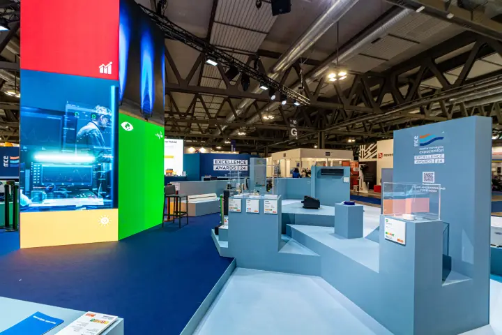 MCE Excellence Awards 24 display with LED column and stepped plinths