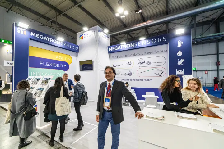Megatron Sensors stand with 'Agility, Flexibility, Innovation' graphics at MCE 2024