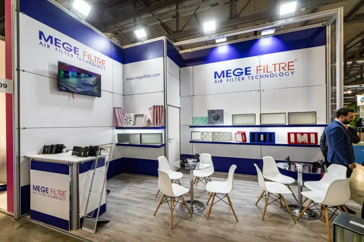 Mege Filtre air filter range displayed on blue-trimmed shelves