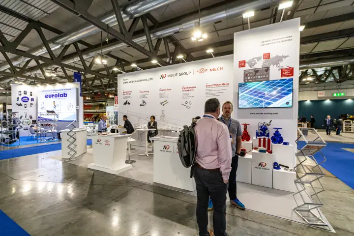 Meide Group stand with gate valves, pipe fittings and smart water meters
