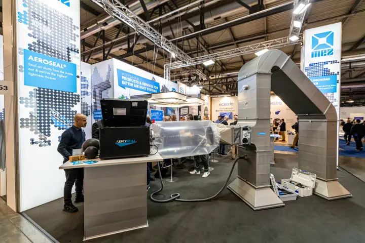 MEZ-Technik stand with Aeroseal duct sealing demonstration rig at MCE 2024