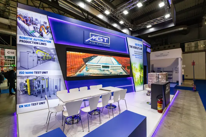 MGT Air Filters stand with test unit graphics and factory video