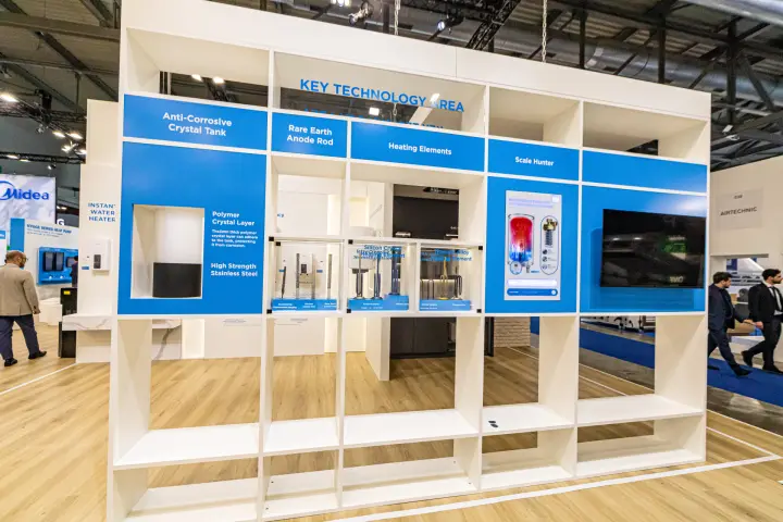 Midea water heater Key Technology Area with tank and element samples at MCE 2024