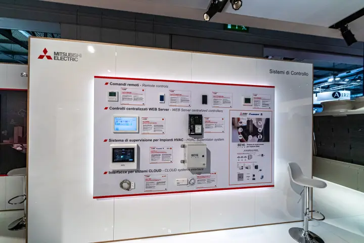 Mitsubishi Electric control systems wall with remote and web server controllers at MCE 2024