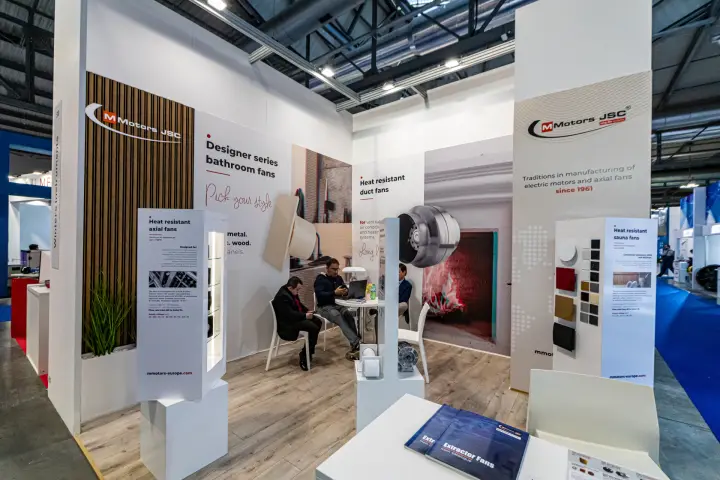 MMotors stand with heat resistant duct fans and designer bathroom fan panels