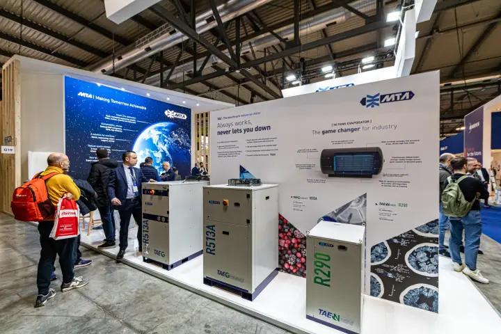 MTA TAEG and TAEN Mini industrial chillers with in-tank evaporator graphic at MCE 2024