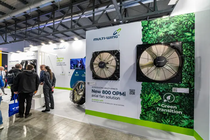 Multi-Wing 800 OPMi axial fans beside the 'Green Transition' foliage panel at MCE 2024
