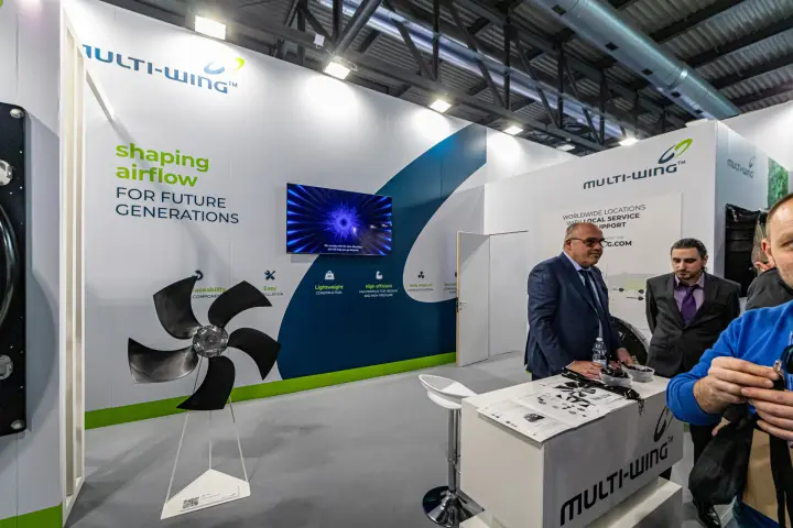 Multi-Wing impeller on a pedestal beside the 'shaping airflow' wall at MCE 2024