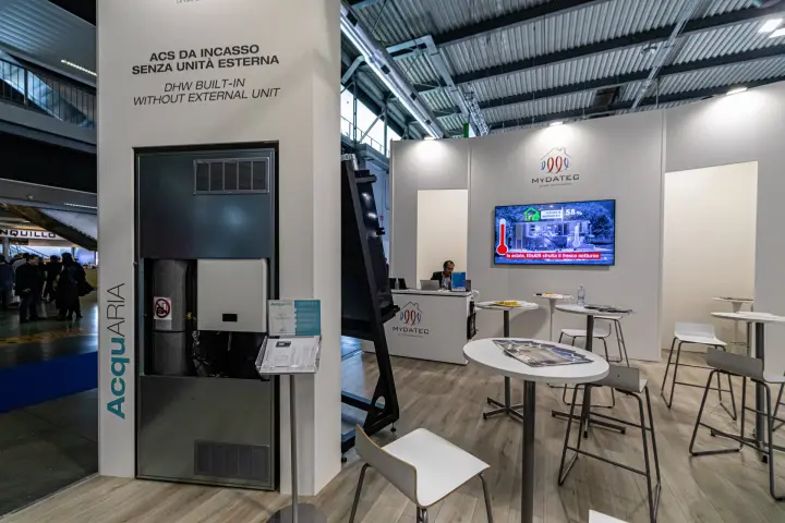 Mydatec AcquARIA built-in DHW unit with open front panel at MCE 2024