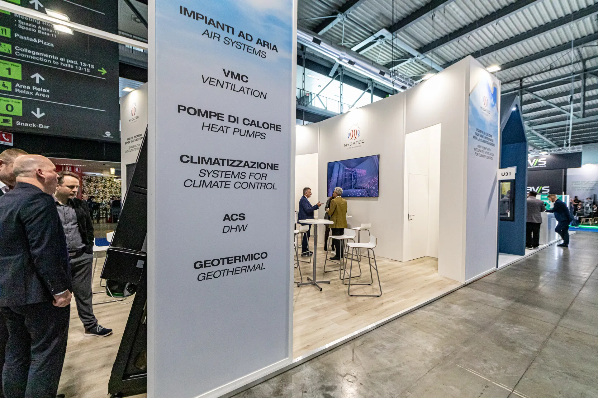 Mydatec stand column listing air systems, ventilation and heat pumps at MCE 2024