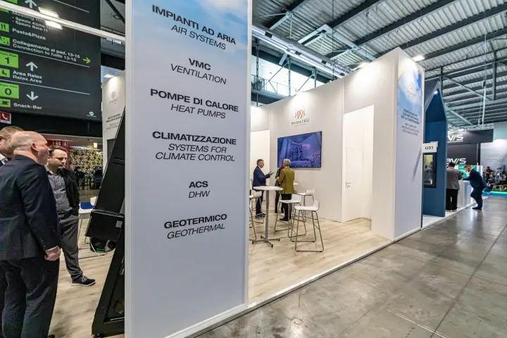 Mydatec stand column listing air systems, ventilation and heat pumps at MCE 2024