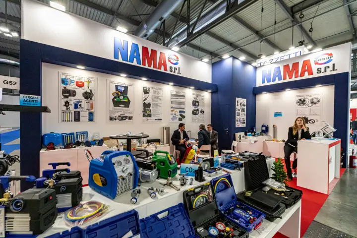 NAMA Group stand with refrigerant recovery units, vacuum pumps and gauge kits at MCE 2024