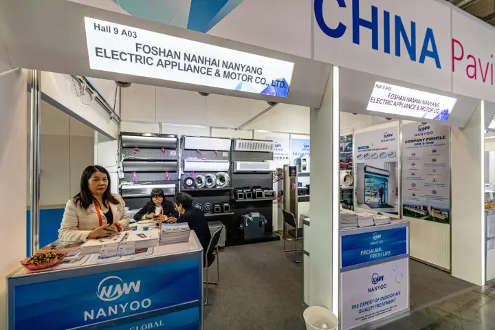Nanyoo booth with air curtains and centrifugal fans on the wall at MCE 2024
