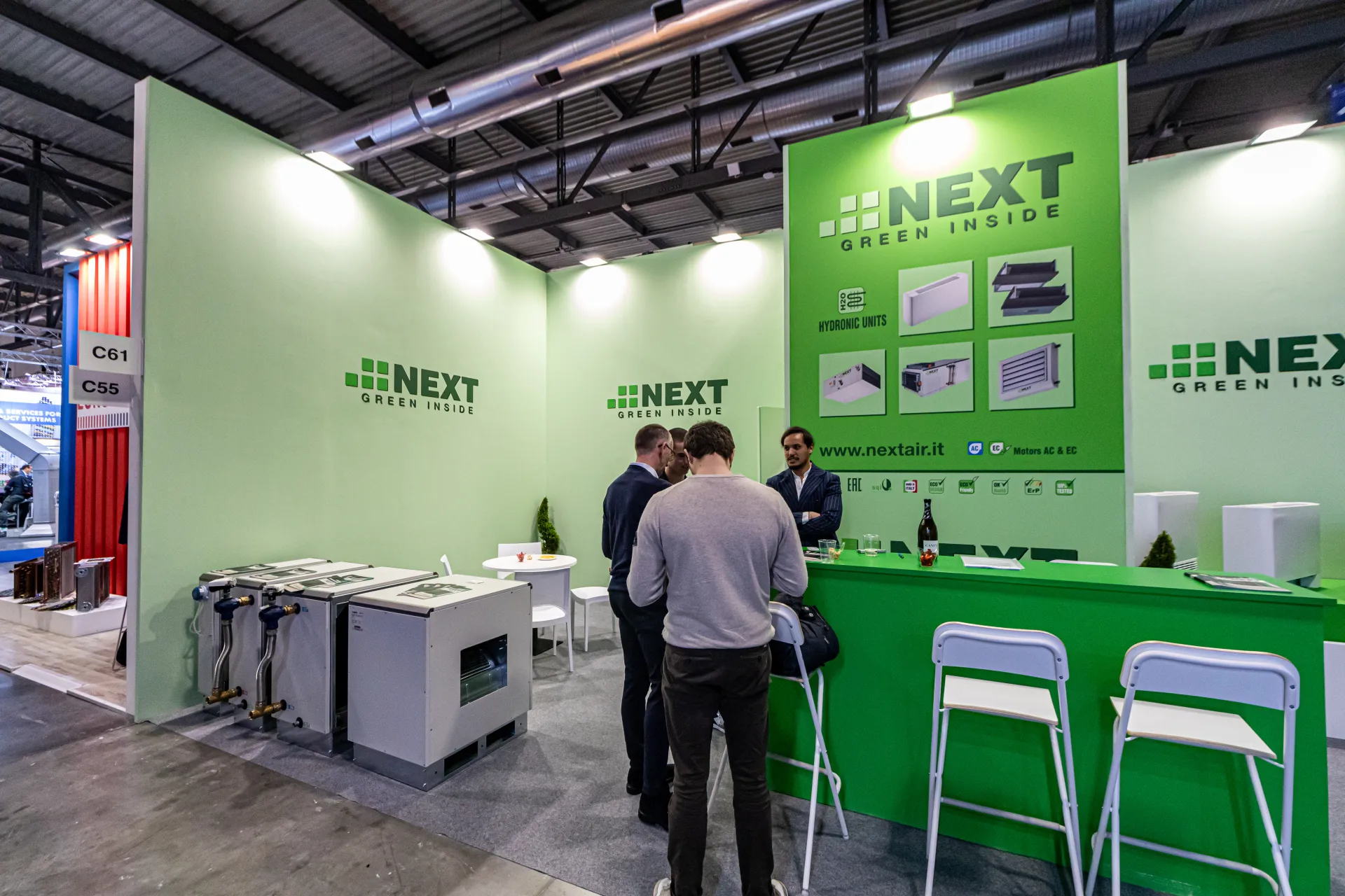 NEXT Green Inside stand with hydronic units and green bar counter at MCE 2024