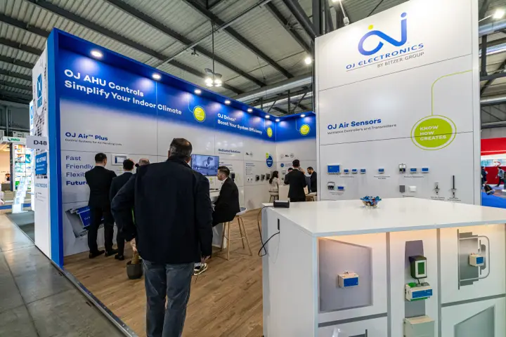 OJ Electronics stand with OJ AHU Controls and OJ Air Sensors walls at MCE 2024