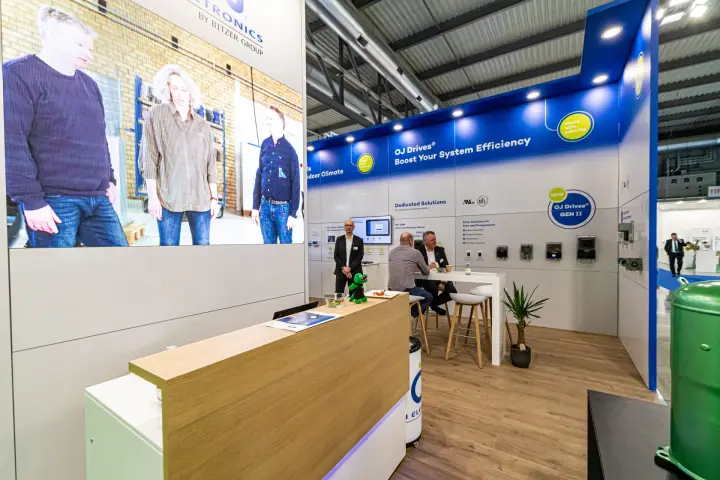 OJ Electronics stand with OJ Drives GEN II wall and LED video screen at MCE 2024
