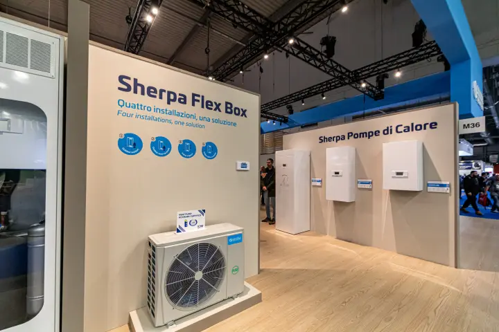 Olimpia Splendid Sherpa Flex Box outdoor unit and Sherpa heat pump wall at MCE 2024