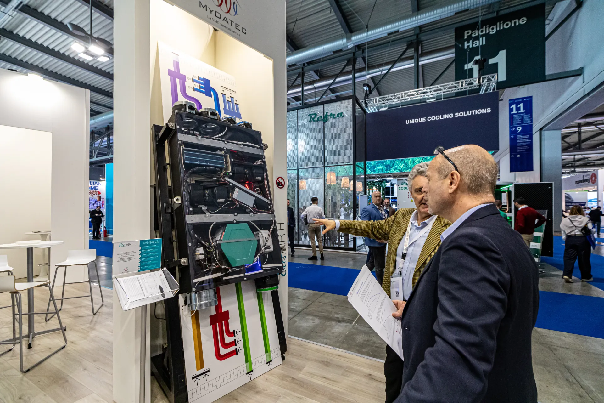 Open Mydatec ElisAIR H ventilation unit showing fans and exchanger at MCE 2024