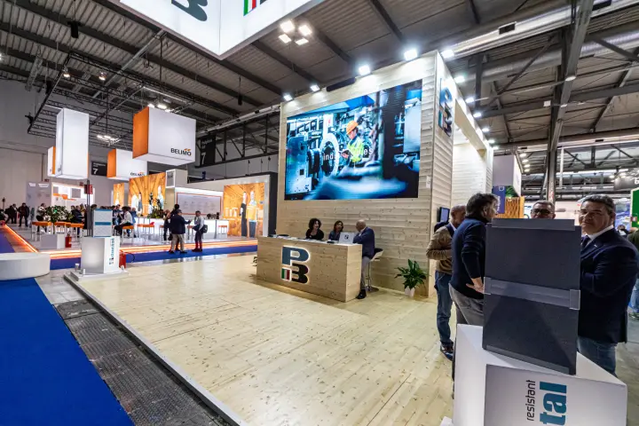 P3 timber stand with P3ductal display cube and industrial video at MCE 2024