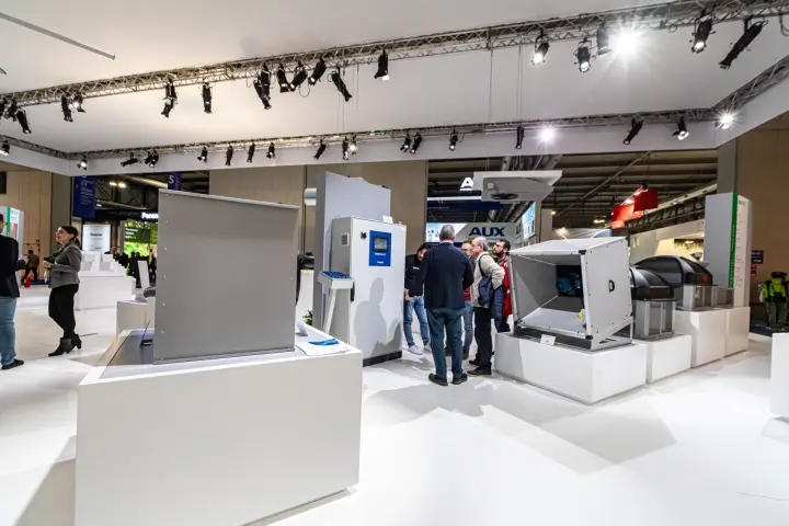 ParkGuard control panel, box fan and roof fans on a white stand at MCE 2024