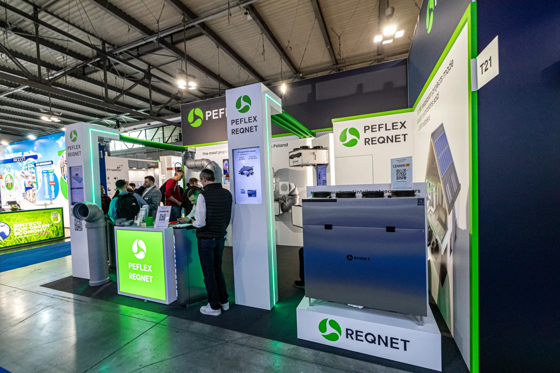 Peflex Reqnet stand with Reqnet heat recovery unit and duct fittings at MCE 2024