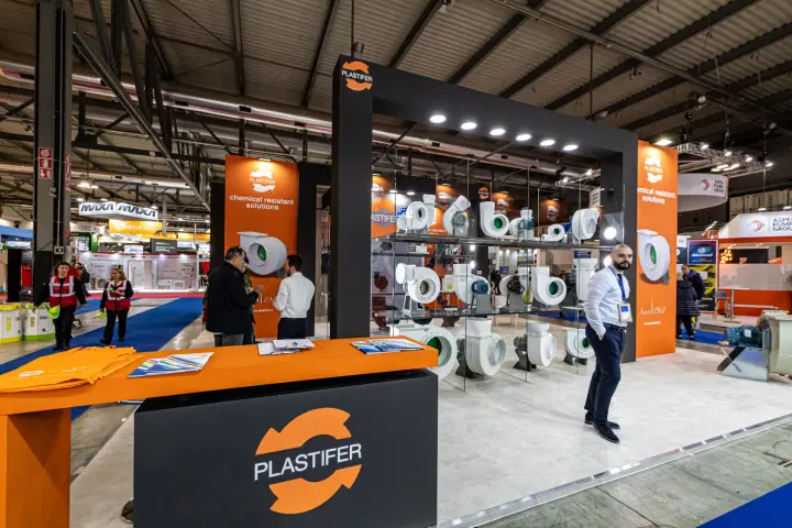 Plastifer stand with plastic centrifugal fans on illuminated glass shelves at MCE 2024