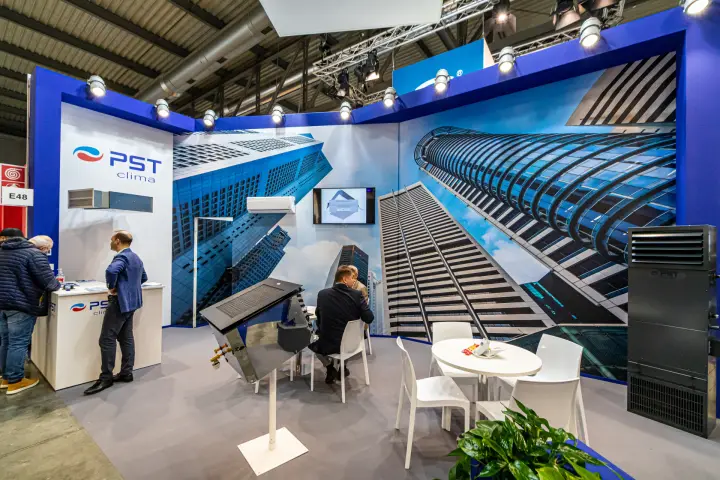 PST Clima stand with skyscraper graphics and air conditioning units at MCE 2024