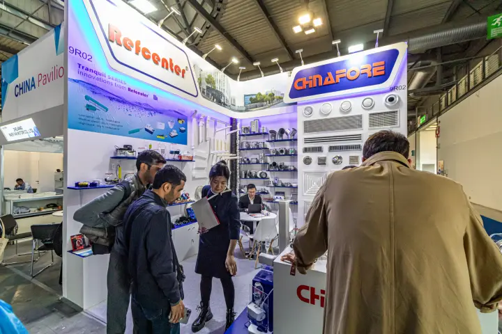 Refcenter and Chinafore stand with Tranquil series pumps and duct fittings at MCE 2024