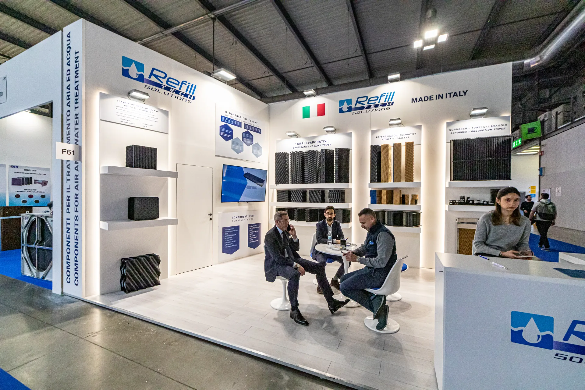 Refill Tech Solutions stand with cooling tower fill and adiabatic pads at MCE 2024