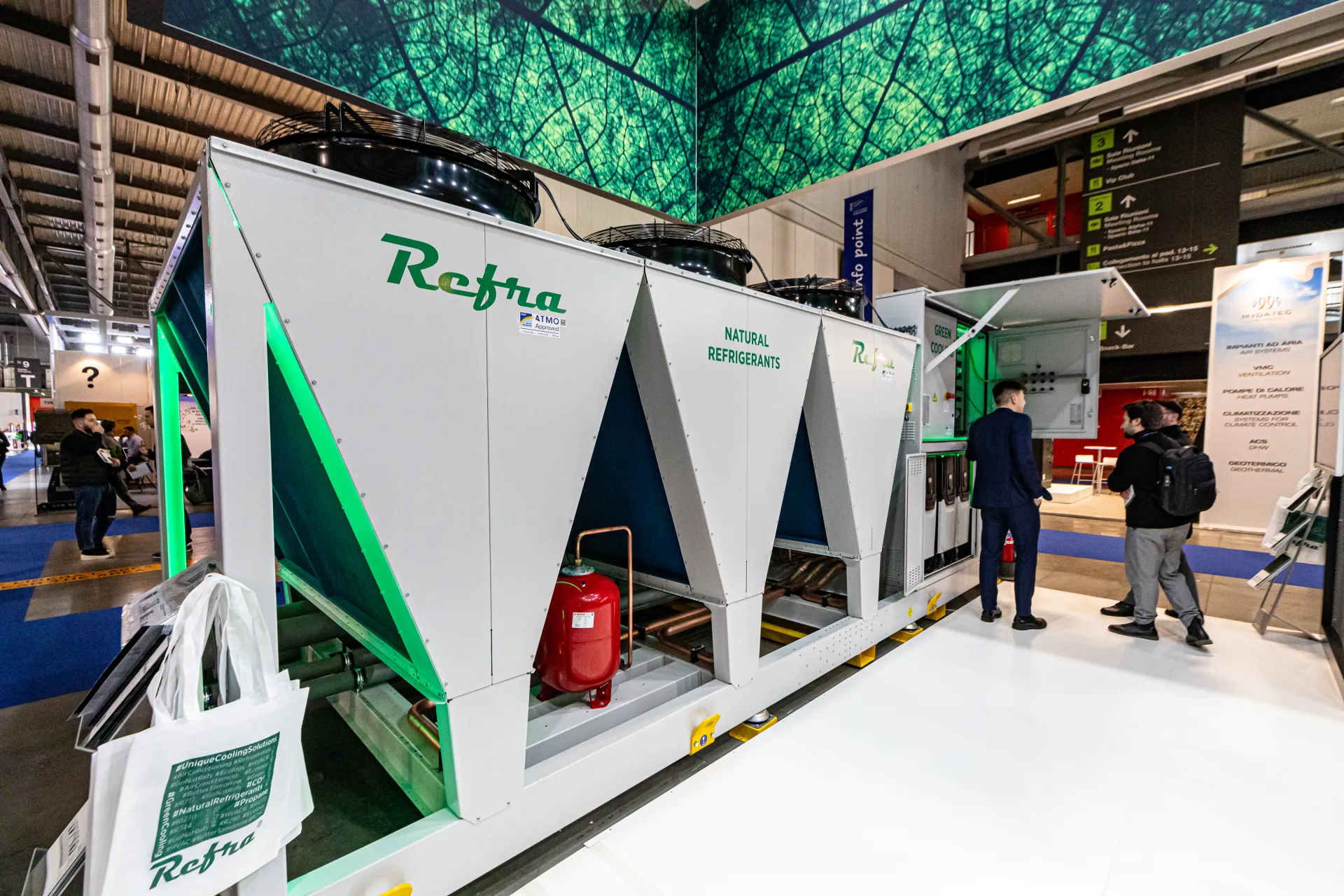 Refra air-cooled unit with V-shaped coils and natural refrigerants label at MCE 2024