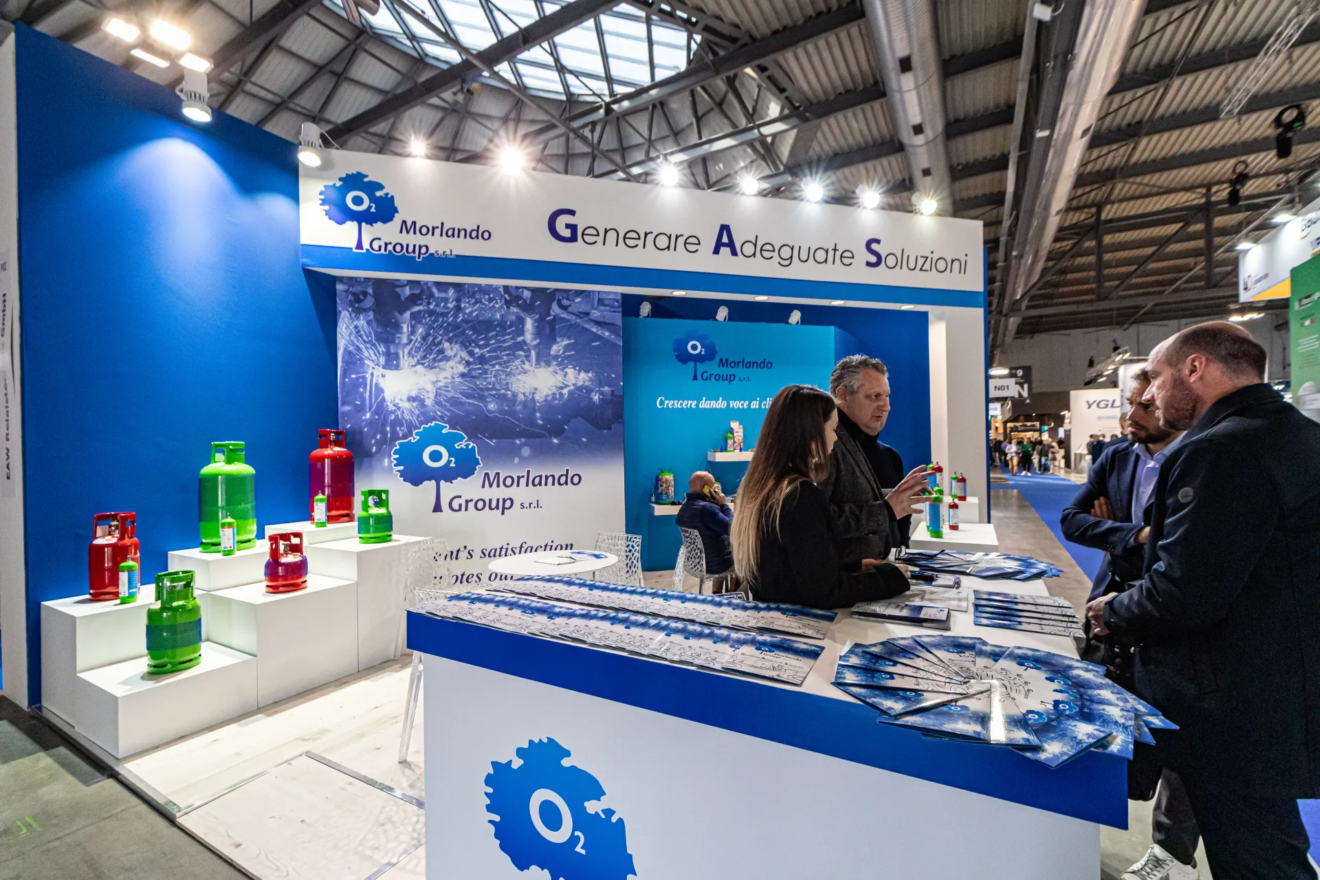 Refrigerant cylinders on stepped plinths at the Morlando Group stand at MCE 2024